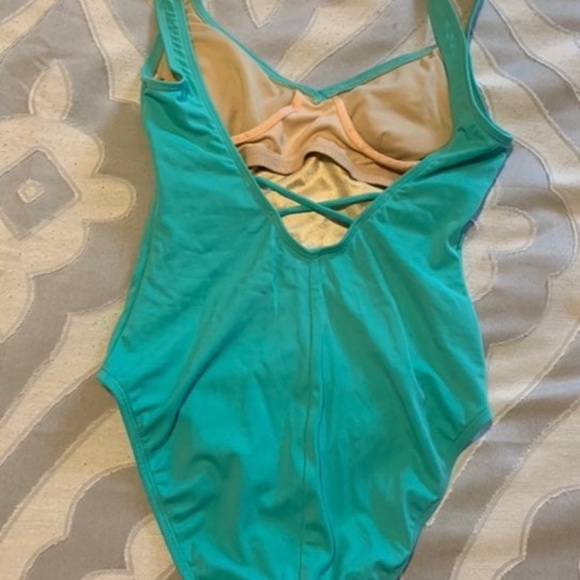 Turquoise jeweled One Piece Bathing suit cross cross back built in underwire bra - Picture 4 of 8